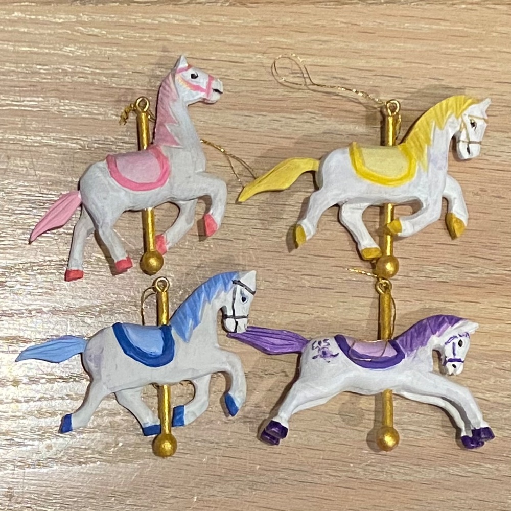 4 Carousel Horse Ornaments, Wood & Hand Painted, 13" Wire Stand, Nursery or Tree - Picture 6 of 16